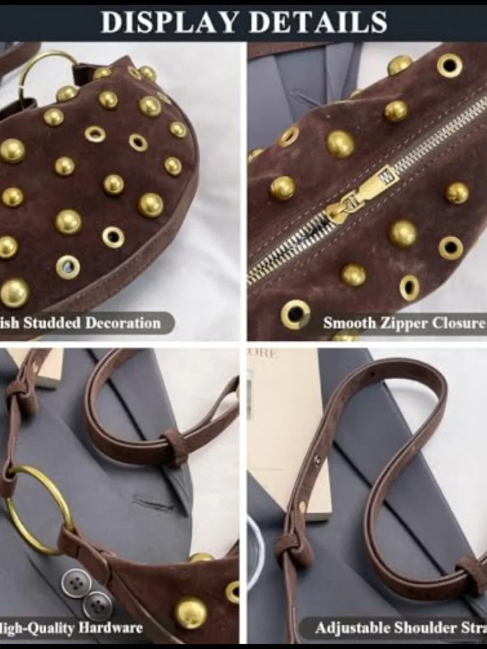 Studded Hobo Bag Faux Suede Adjustable Strap Messenger Purse